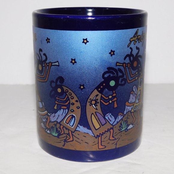 Vintage ARIZONA Kokopelli Flute Playing Dancing Blue Metallic Coffee Mug - Picture 3 of 7